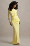 Deanna Lemon Asymmetric Long-Sleeve Ruched Maxi Dress