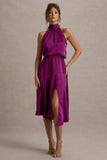 Palonia Pink Satin High-Neck Split Midi Dress