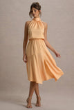 Palonia Peach Satin High-Neck Split Midi Dress