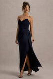 Edel Navy Satin Strapless Maxi Dress With Drape