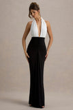 Payton Black & White Ruched Halter-Neck Maxi Dress