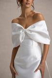 Wanting More Off White Satin Cape Maxi Dress With Oversized Bow