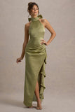 Maureen Light Green Satin High-Neck Draped Maxi Dress