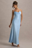 Eimear Powder Blue Satin Draped Sweetheart Maxi Dress