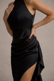 Maureen Black Satin High-Neck Draped Maxi Dress