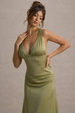 Beck Light Green Satin Plunge-Neck Cross-Back Midi Dress