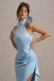 Maureen Powder Blue Satin High-Neck Draped Maxi Dress