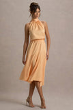 Palonia Peach Satin High-Neck Split Midi Dress