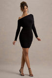 Zhara Black Ruched One-Shoulder Bodycon Mini Dress
